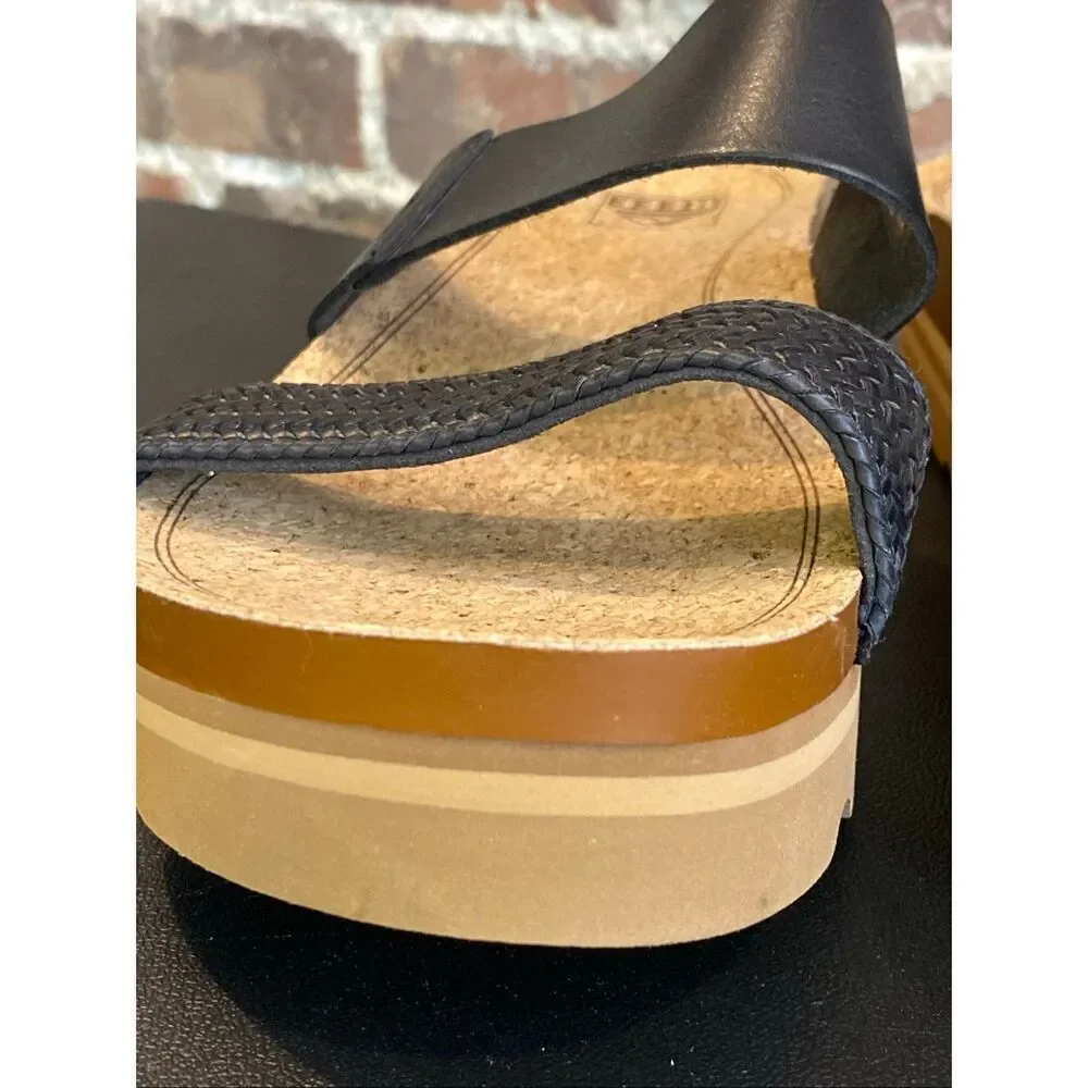 REEF • Black Vegan Leather Braided Double Strap Tan Cork/Foam 2” Sole Slide Sand